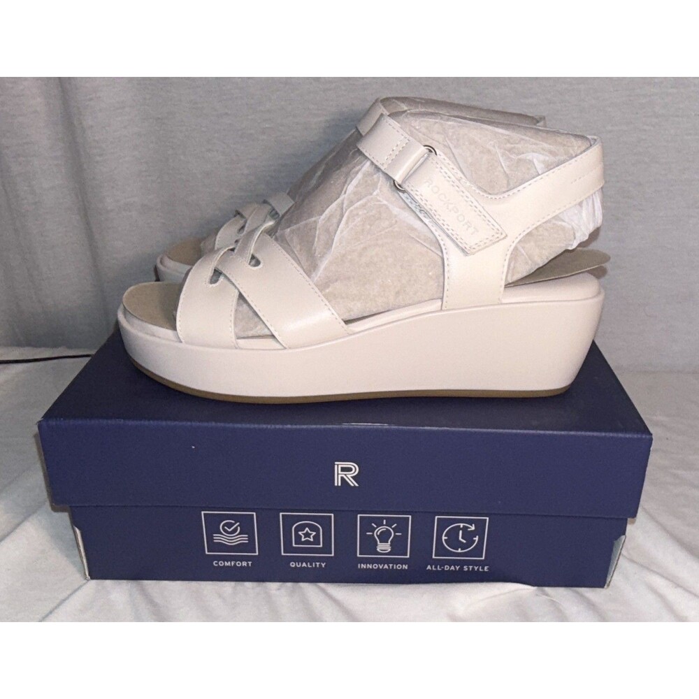 NEW NIB Rockport Amira Womens size 8.5 Leather Wedge Sandals White Shoes Ivory